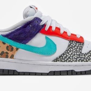 Safari dunks. Colors are red purple turquoise,leopard print